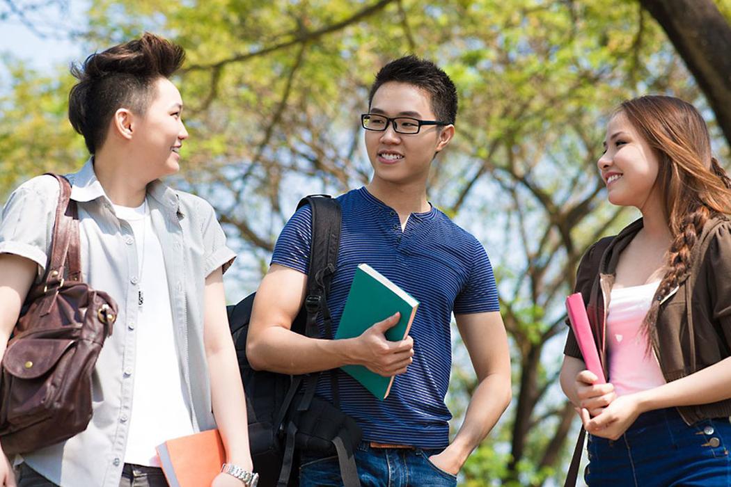 Future international students Trio of students walking under trees while talking and holding bags and notebooks.