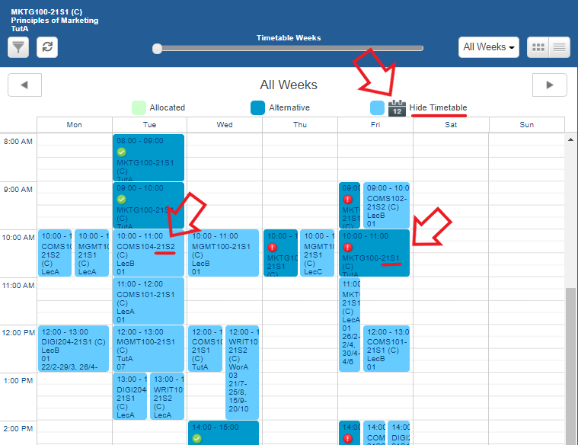 Timetable page showing lectures in blue boxes. Red arrows point at two boxes, one shows a semester two lecture and one shows a semester one lecture. A red arrow near the top of the page below the blue menu bar points to the 'hide timetable' icon.