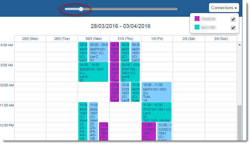 Screenshot of a student timetable highlighting the week-selection slider