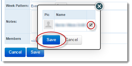 White pop-up box showing a connection selected with a tick in a small box above a blue button circled in red that says 'Save' in white text, next to a white button that says 'cancel' in grey text.