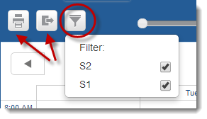 Red arrow pointing at the print icon and the export icon. The fiter icon is circled in red and shows the dropdown filter options.