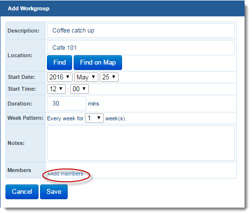 screenshot of 'Add workgroup' timetable option, selecting 'add members' option