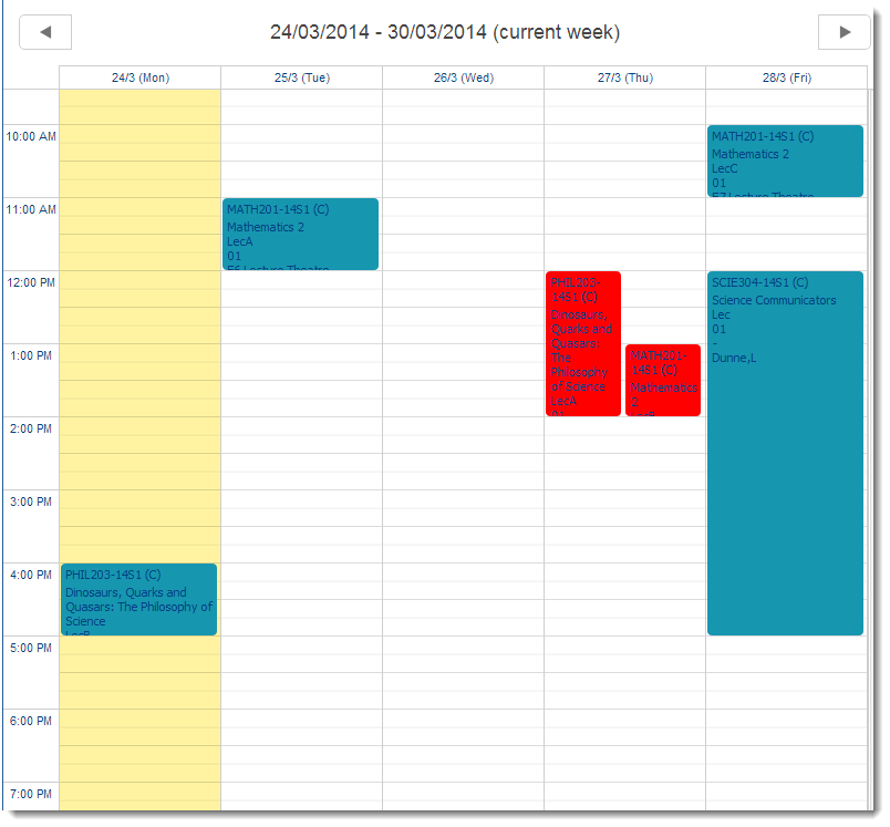 Timetable showing todays day highlighted in yellow, lecture clashes in red on Thursday and appointments in blue on Monday Tuesday and Friday.