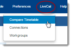 Screenshot of part of a student timetable showing the dropdown options from the 'LiveCal' tab, selecting the option 'compare timetable'.