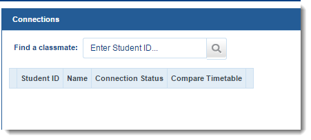 Screenshot of the connections section of a student timetable showing the 'find a classmate' search bar which requires you to enter student ID