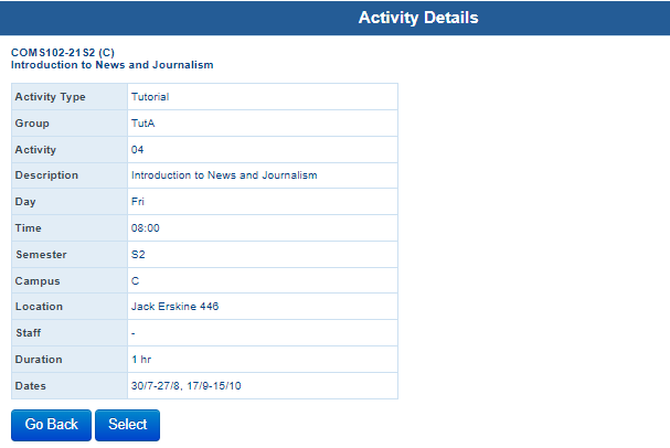 Box called 'Activity Details' which includes fields for activity type, description, dates and two blue buttons one with 'Go back' in white text and one with 'Select' in white text.