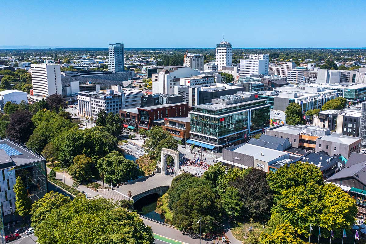 Aerial view of Christchurch overlooking the Cashel Street Bridge at Oxford Terrace.