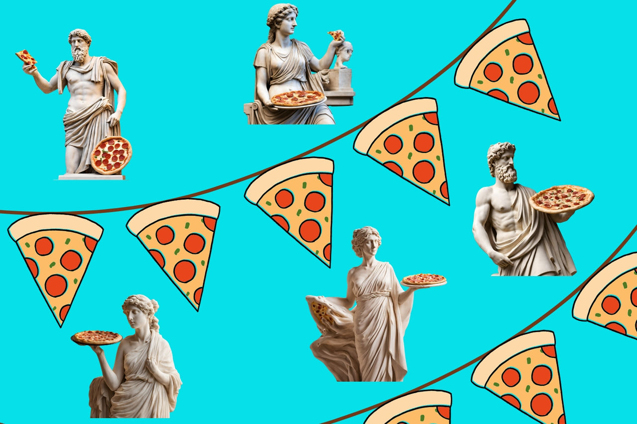 Graphic featuring two rows of bunting with pizza slices and classical sculptutres holding pizzas. 