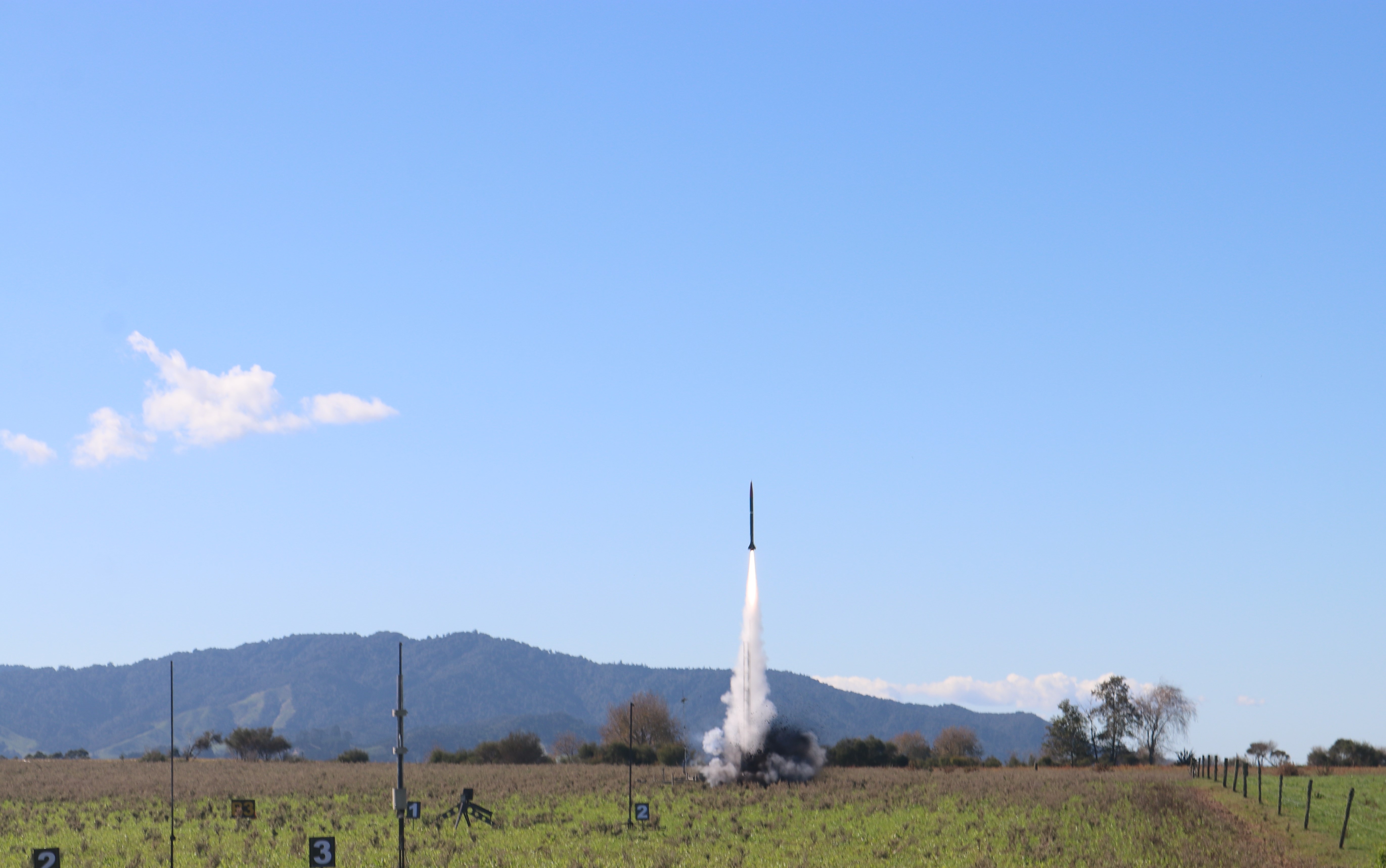The new Team UC rocket, named Kārearea, successfully flies on its first test launch. 