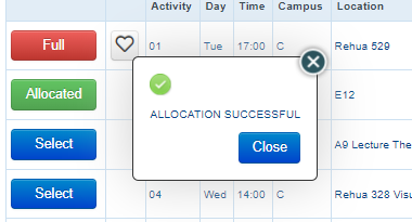 White pop-up box with a green tick and the text 'allocation successful'  above a blue button which says 'Close'  in white text.
