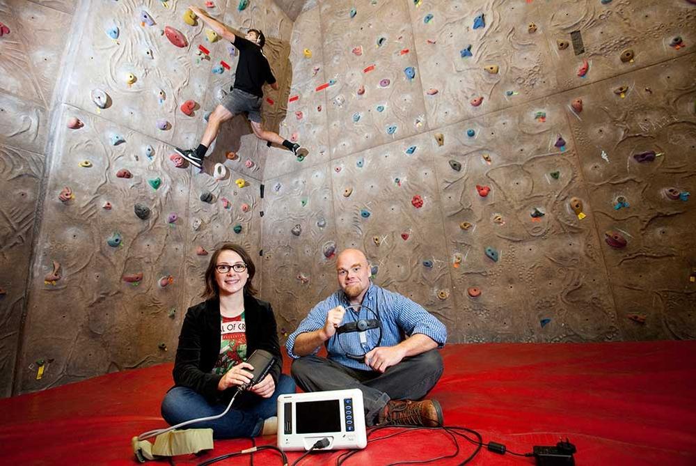 Lecturer and student at rock climbing centre