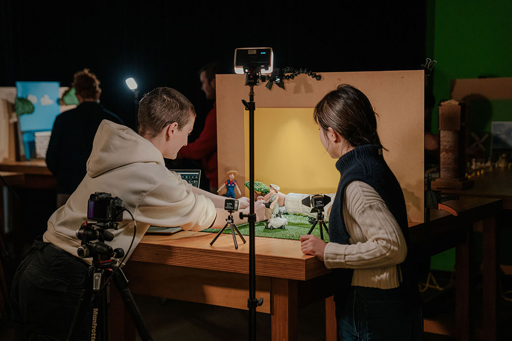 UC students creating a stop motion animation scene.